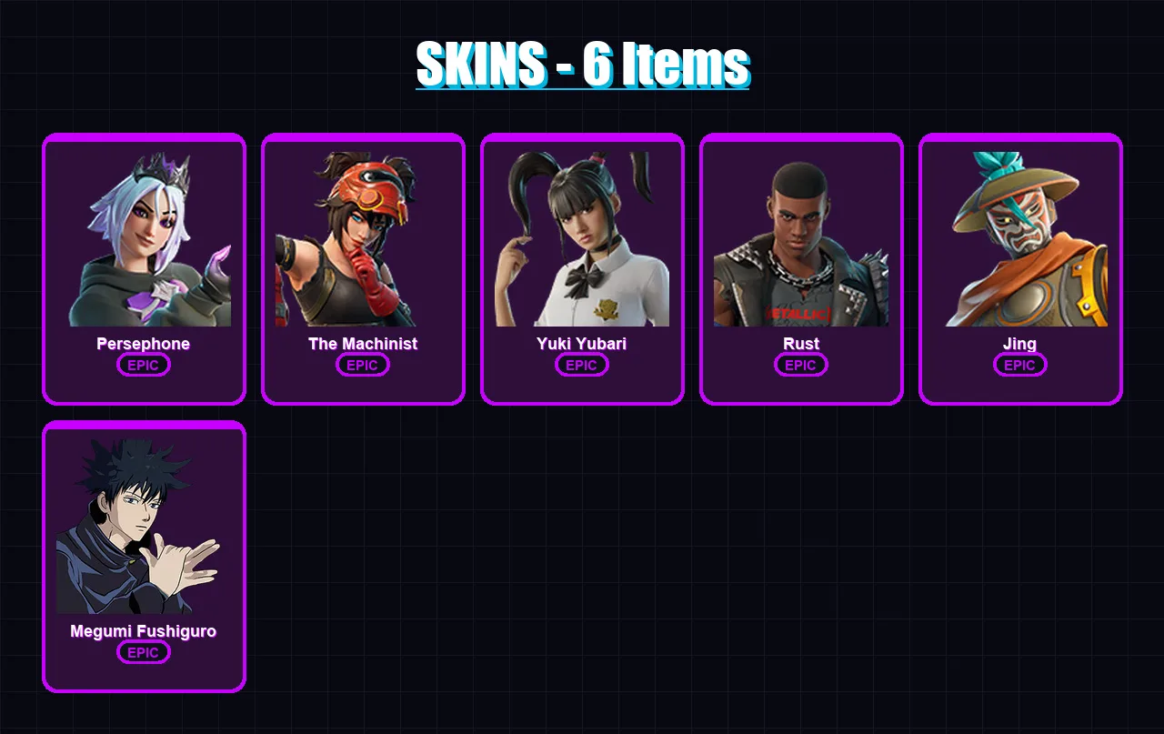 [PC/XBOX/PSN] | Persephone | The Machinist | Yuki Yubari | Rust | Jing | 6 skin | 21 pickaxe | 16 emote | 15 glider | Lv143
