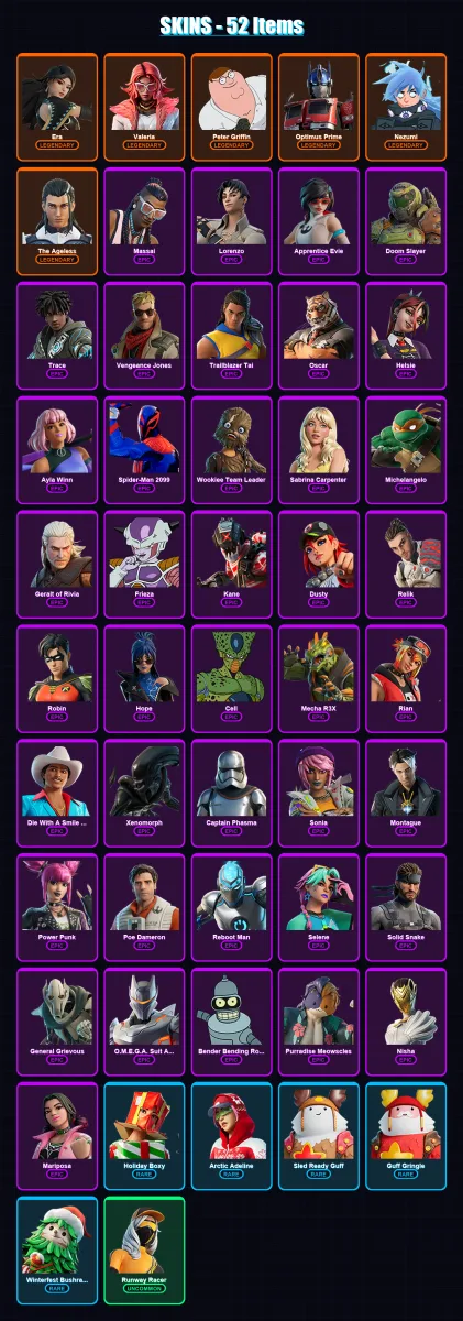 [PC] | Era | Valeria | Peter Griffin | Optimus Prime | Nezumi | 52 skin | 56 pickaxe | 43 emote | 45 glider | Lv715