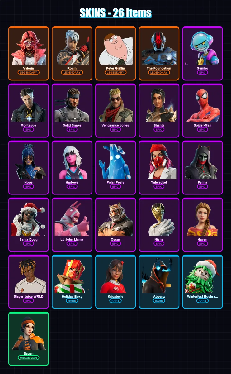 [PS4/PS5/PC] | Valeria | Ronin | Peter Griffin | The Foundation | Gumbo | 26 skin | 75 pickaxe | 43 emote | 65 glider | Lv1003