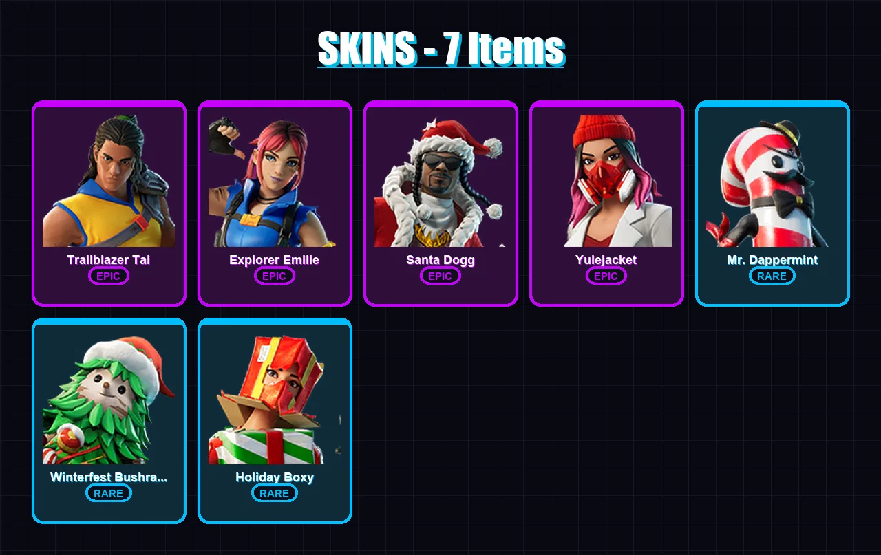 [PC/PSN] | Trailblazer Tai | Explorer Emilie | Santa Dogg | Yulejacket | Mr. Dappermint | 7 skin | 14 pickaxe | 3 emote | 11 glider | Lv99