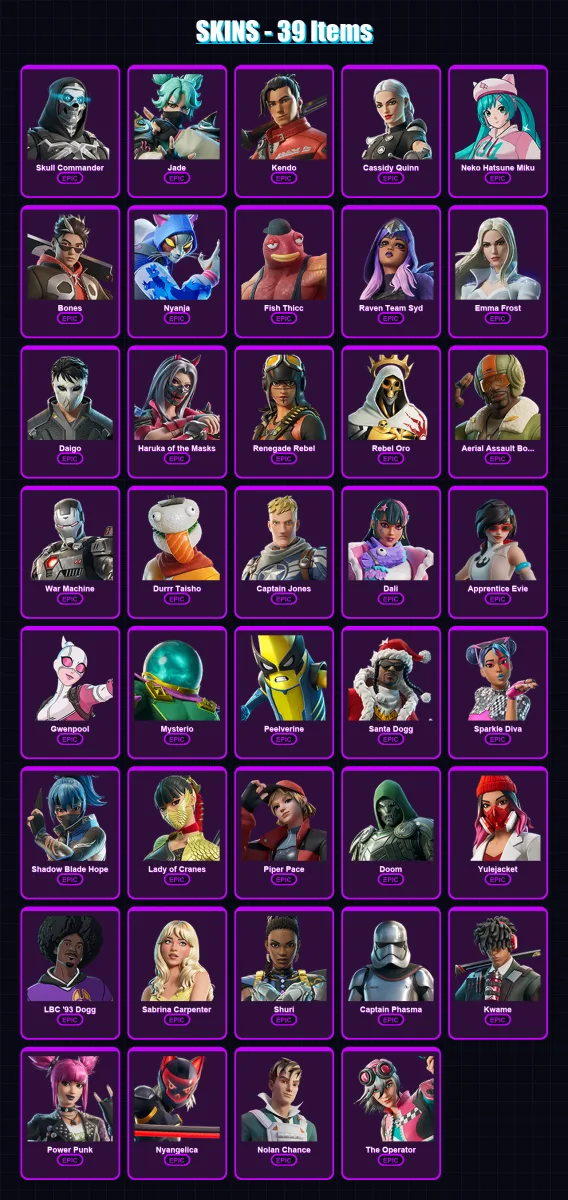 [PC/XBOX/PSN] | Skull Commander | Jade | Kendo | Cassidy Quinn | Neko Hatsune Miku | 39 skin | 36 pickaxe | 26 emote | 25 glider | Lv259 — Fortnite account