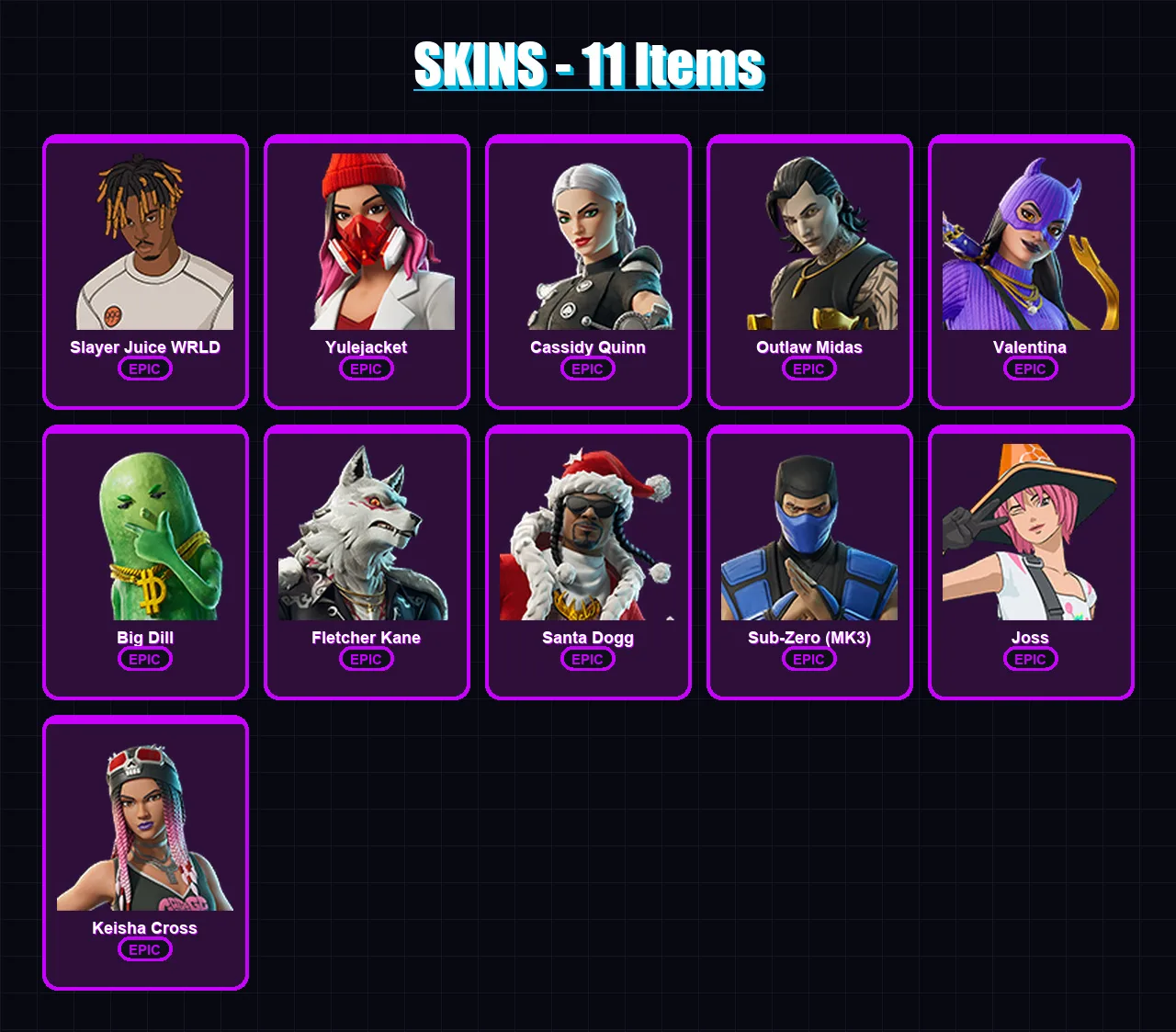 [PC/XBOX/PSN] | Slayer Juice WRLD | Yulejacket | Cassidy Quinn | Outlaw Midas | Valentina | 11 skin | 43 pickaxe | 22 emote | 33 glider | Lv501