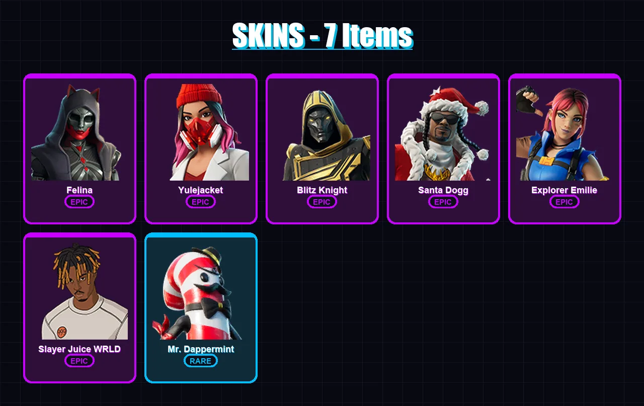 [PC/XBOX/PSN] | Felina | Yulejacket | Blitz Knight | Santa Dogg | Explorer Emilie | 7 skin | 26 pickaxe | 10 emote | 21 glider | Lv310