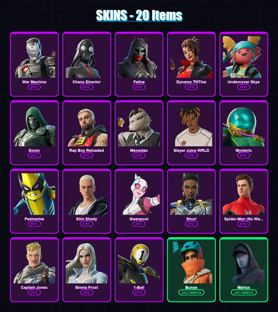 [SWITCH/XBOX/PSN/PC] | War Machine | Chaos Director | Felina | Dynamo TNTina | Undercover Skye | 20 skin | 60 pickaxe | 47 emote | 45 glider | Lv103
