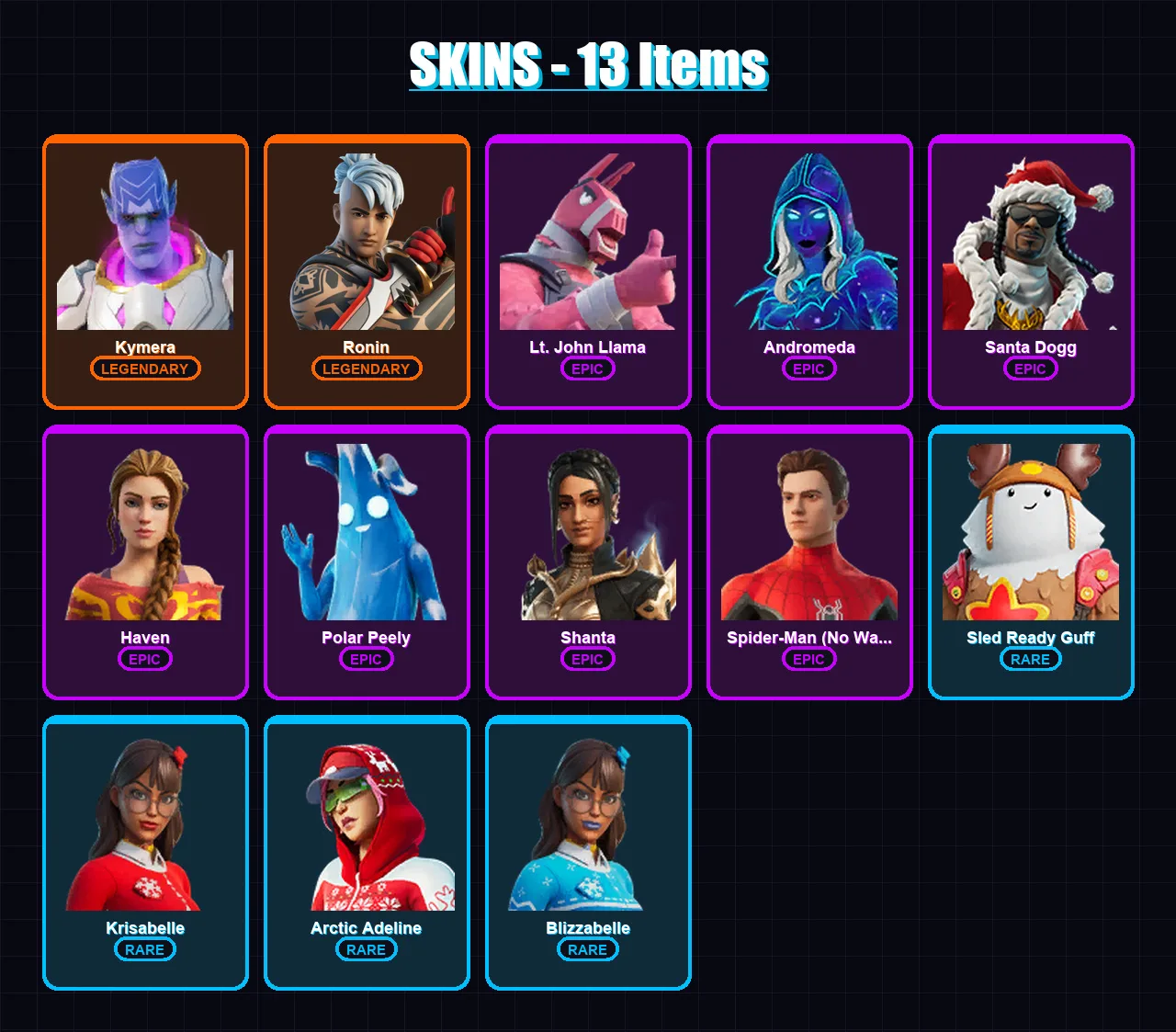 [PC/XBOX/PSN] | Kymera | Ronin | Lt. John Llama | Andromeda | Santa Dogg | 13 skin | 13 pickaxe | 14 emote | 8 glider | Lv125
