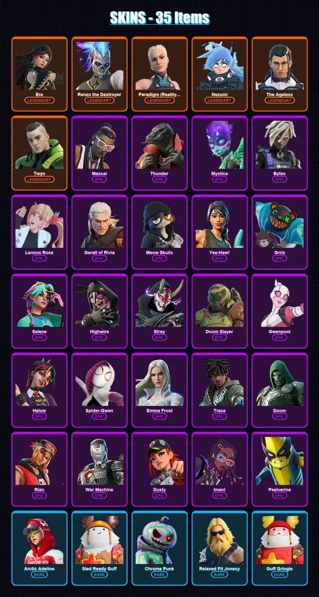 [PC/XBOX/PSN] | Era | Renzo the Destroyer | Paradigm (Reality-659) | Nezumi | The Ageless | 35 skin | 36 pickaxe | 36 emote | 40 glider | Lv457