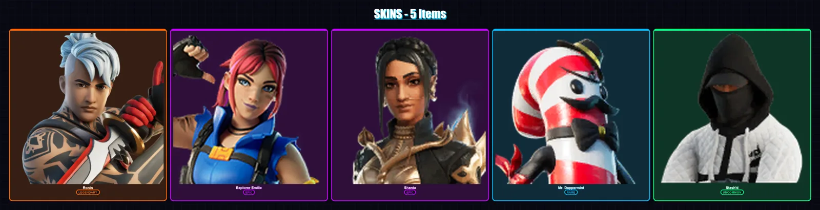 [PS4/PS5/XBOX/PC] | Ronin | Explorer Emilie | Shanta | Mr. Dappermint | Stash'd | 5 skin | 9 pickaxe | 6 emote | 7 glider | Lv58