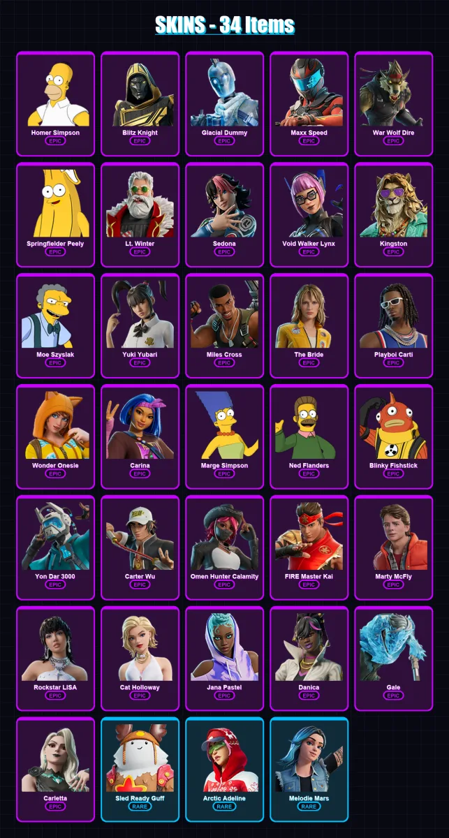 [PS4/PS5/PC] | Homer Simpson | Blitz Knight | Glacial Dummy | Maxx Speed | War Wolf Dire | 34 skin | 62 pickaxe | 38 emote | 41 glider | Lv378