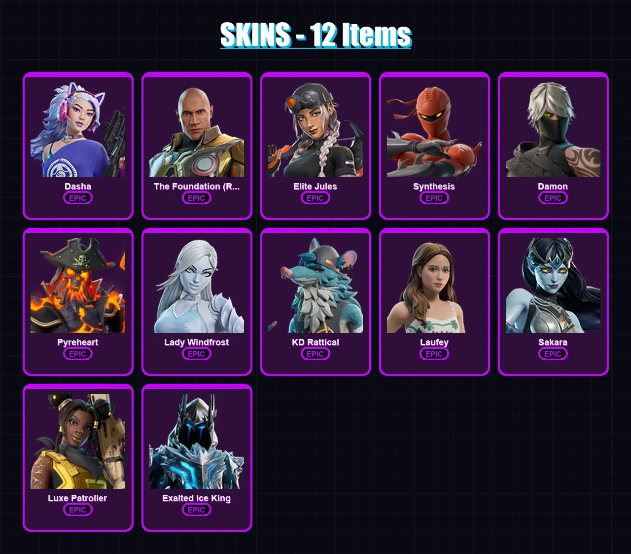 [PC/PSN] | Dasha | The Foundation (Reforged) | Elite Jules | Synthesis | Damon | 12 skin | 20 pickaxe | 8 emote | 11 glider | Lv96