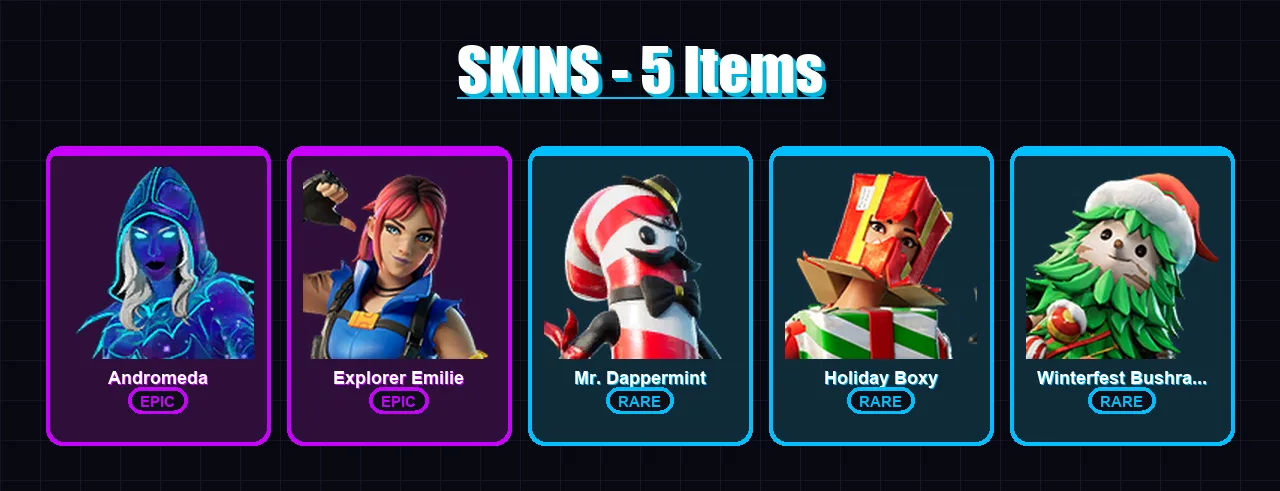 [PC/XBOX/PSN] | Andromeda | Explorer Emilie | Mr. Dappermint | Holiday Boxy | Winterfest Bushranger | 5 skin | 7 pickaxe | 4 emote | 9 glider | Lv11