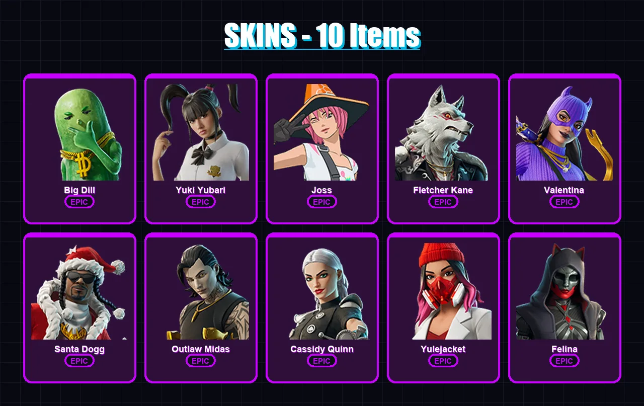 [PC/PSN] | Big Dill | Yuki Yubari | Joss | Fletcher Kane | Valentina | 10 skin | 40 pickaxe | 20 emote | 32 glider | Lv454 — Fortnite account