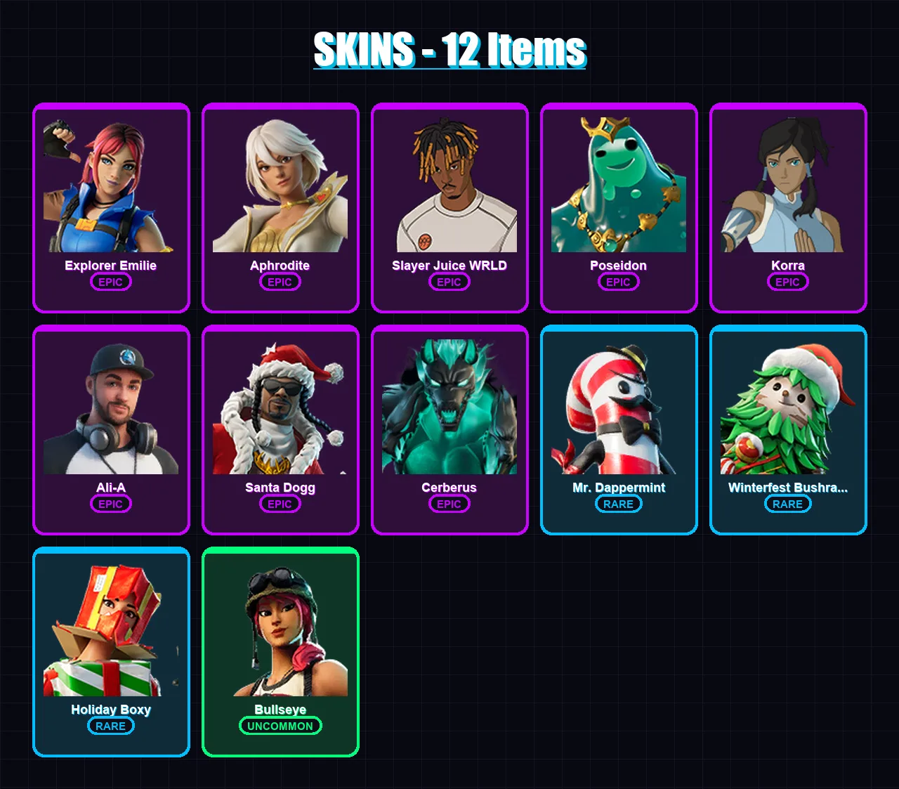[PC/XBOX/PSN] | Explorer Emilie | Aphrodite | Slayer Juice WRLD | Poseidon | Korra | 12 skin | 36 pickaxe | 30 emote | 36 glider | Lv475