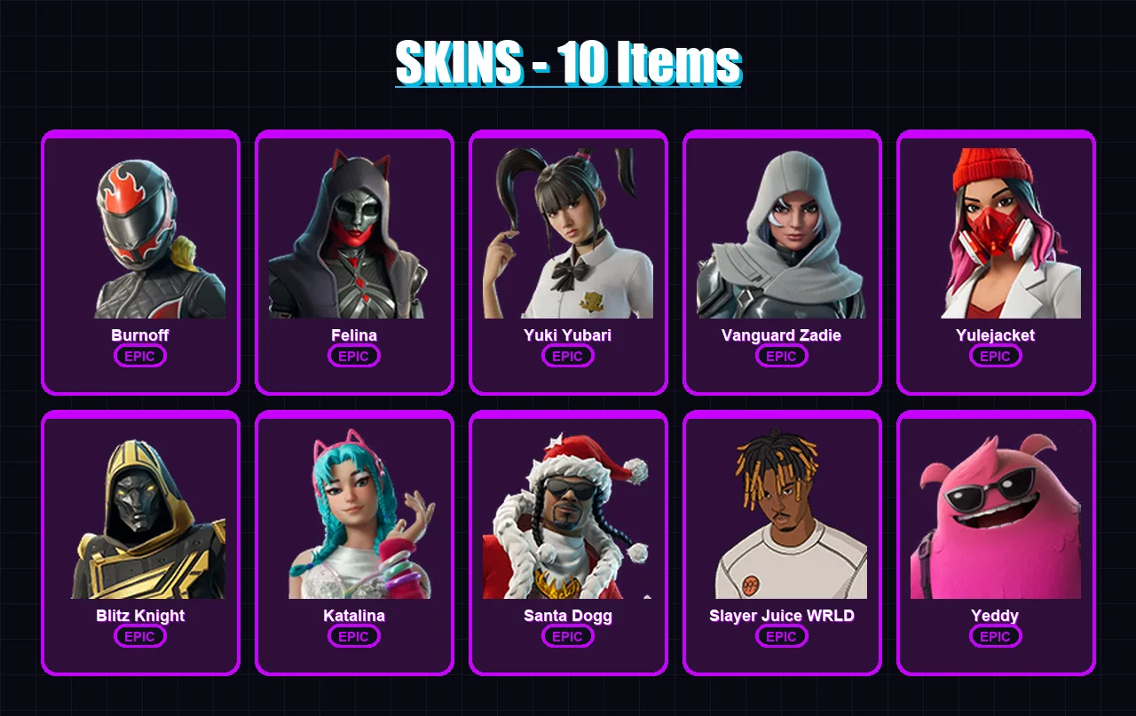 [PC/XBOX] | Burnoff | Felina | Yuki Yubari | Vanguard Zadie | Yulejacket | 10 skin | 53 pickaxe | 25 emote | 35 glider | Lv567