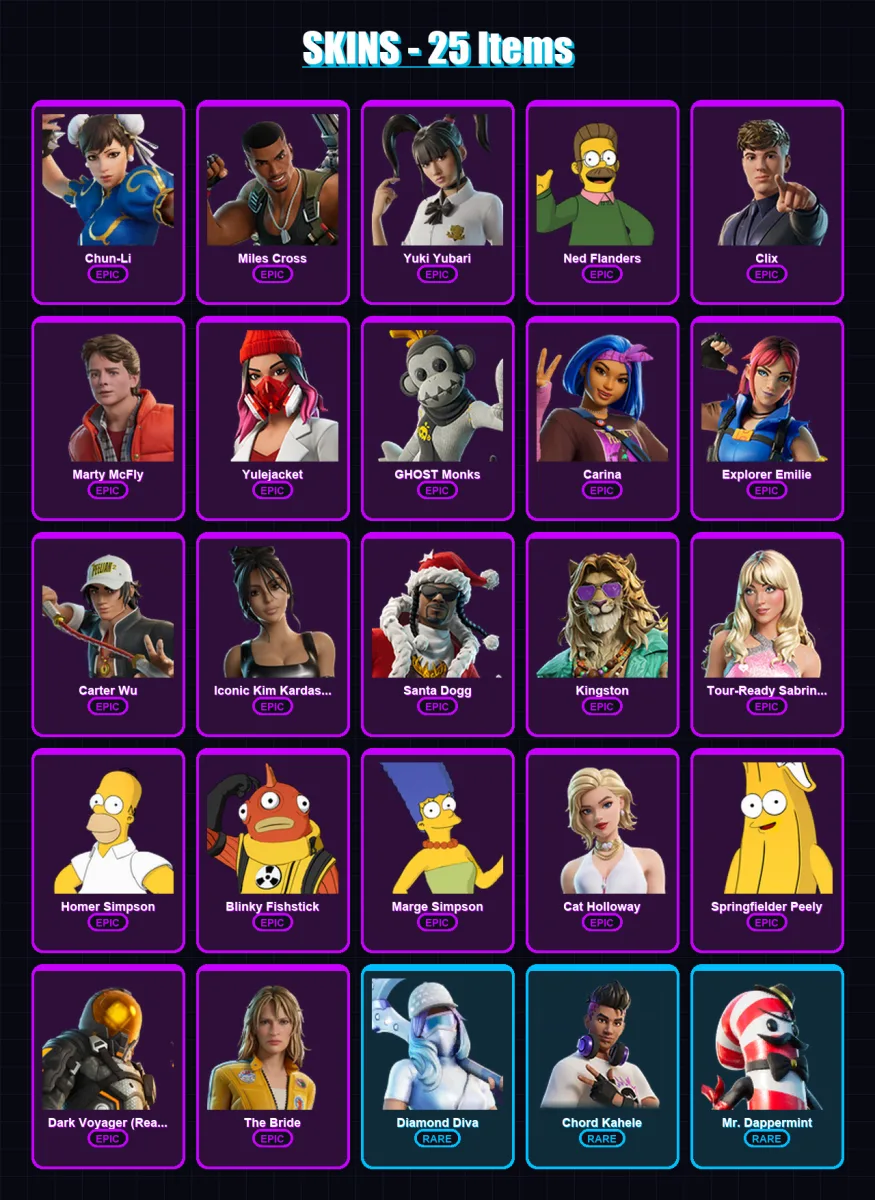 [PC/XBOX/PSN] | Chun-Li | Miles Cross | Yuki Yubari | Ned Flanders | Clix | 25 skin | 35 pickaxe | 32 emote | 26 glider | Lv408 — Fortnite account