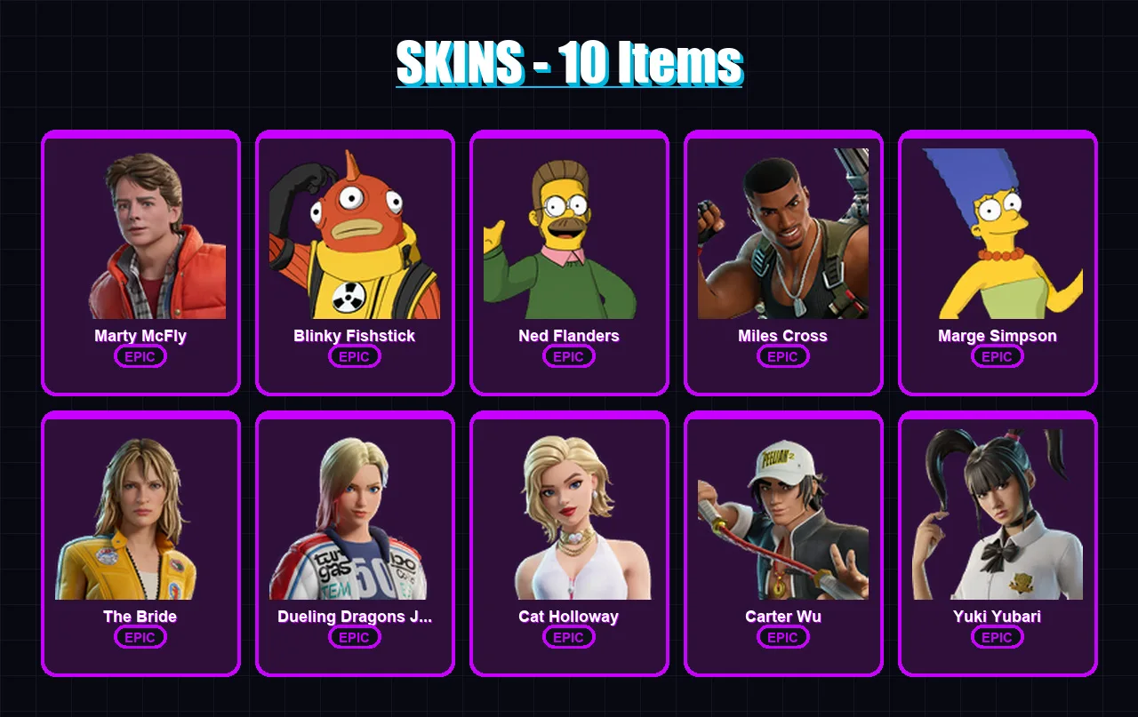 [PS4/PS5/XBOX/PC] | Marty McFly | Blinky Fishstick | Ned Flanders | Miles Cross | Marge Simpson | 10 skin | 31 pickaxe | 15 emote | 25 glider | Lv16