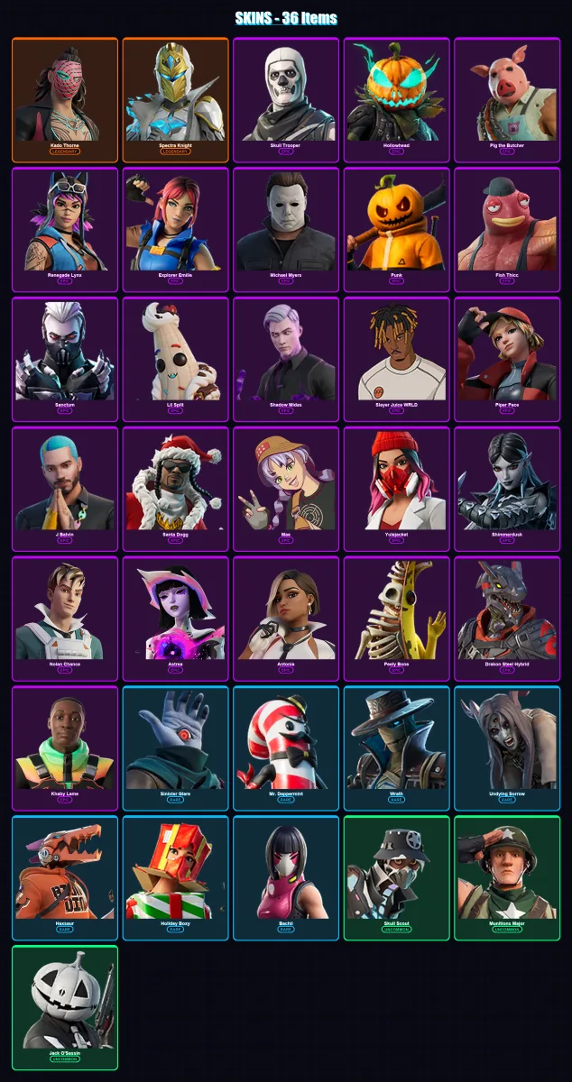 [PS4/PS5/XBOX/PC] | Kado Thorne | Spectra Knight | Skull Trooper  | Hollowhead | Pig the Butcher | 36 skin | 54 pickaxe | 25 emote | 32 glider | Lv3