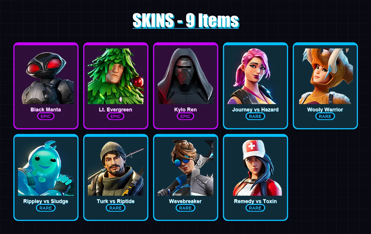 [PC/PSN] | Black Manta | Lt. Evergreen | Kylo Ren | Journey vs Hazard | Wooly Warrior | 9 skin | 9 pickaxe | 8 emote | 8 glider | Lv82