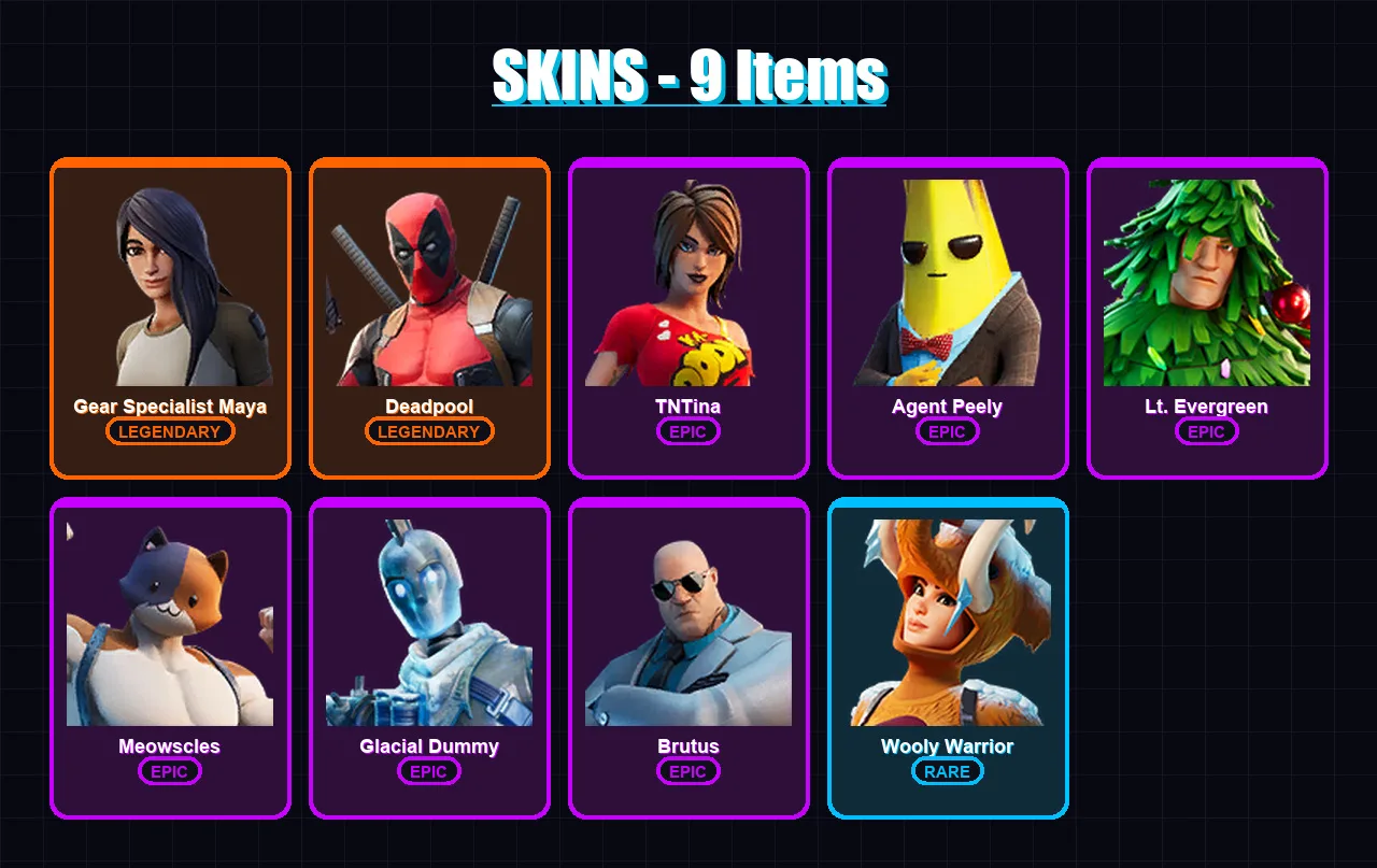 [PC/XBOX/PSN] | Gear Specialist Maya | Deadpool | TNTina | Agent Peely | Lt. Evergreen | 9 skin | 18 pickaxe | 13 emote | 15 glider | Lv150