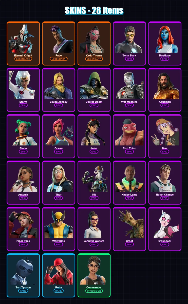 [PC/XBOX/PSN] | Eternal Knight | Fade | Kado Thorne | Tony Stark | Mystique | 28 skin | 29 pickaxe | 28 emote | 30 glider | Lv549