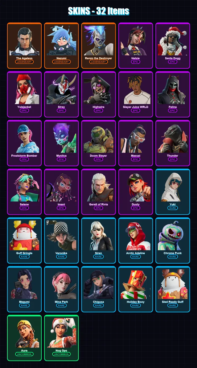 [PC/XBOX/PSN] | The Ageless | Nezumi | Renzo the Destroyer | Helsie | Santa Dogg | 32 skin | 67 pickaxe | 51 emote | 57 glider | Lv910