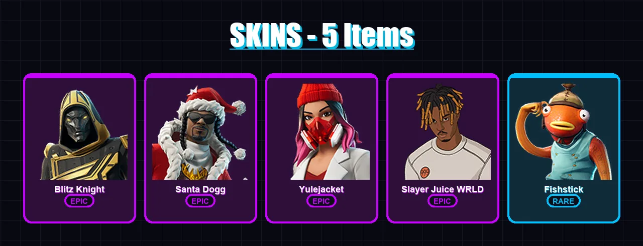 [PC/XBOX/PSN] | Blitz Knight | Santa Dogg | Yulejacket | Slayer Juice WRLD | Fishstick | 5 skin | 37 pickaxe | 11 emote | 18 glider | Lv211