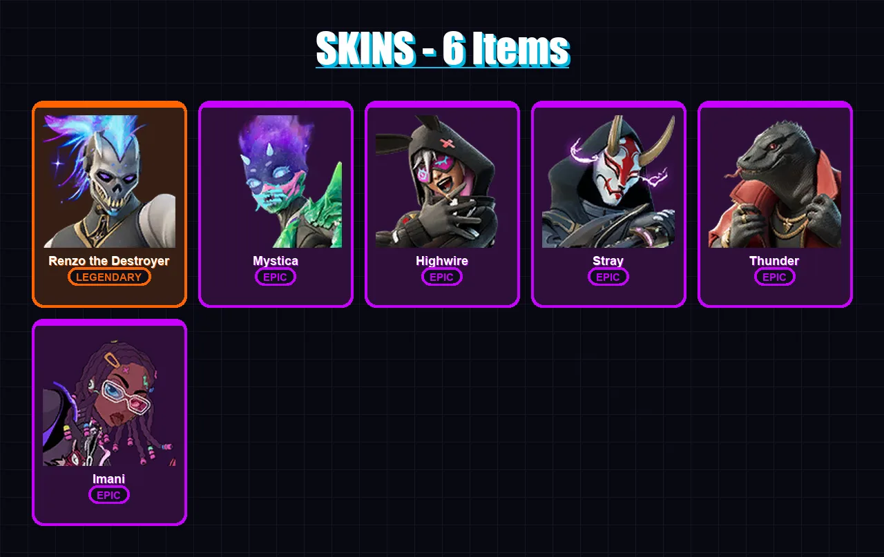 [PC/PSN] | Renzo the Destroyer | Mystica | Highwire | Stray | Thunder | 6 skin | 11 pickaxe | 17 emote | 20 glider | Lv213