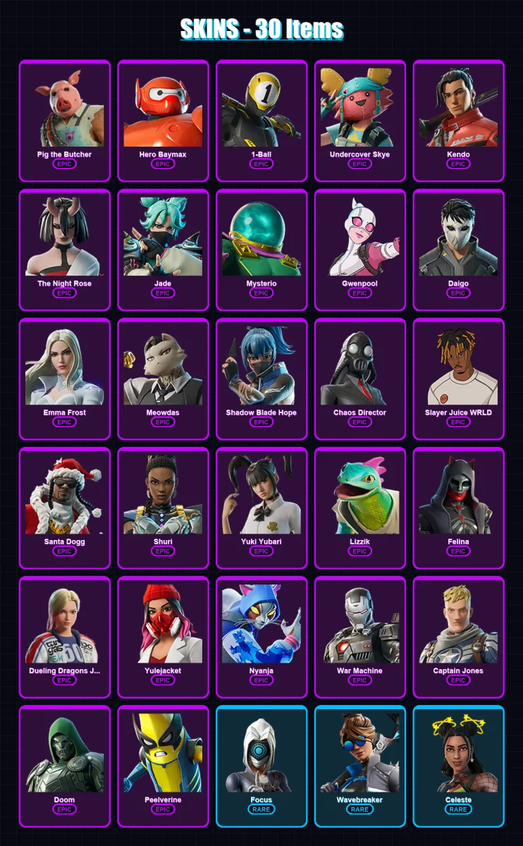 [PC/XBOX] | Pig the Butcher | Hero Baymax | 1-Ball | Undercover Skye | Kendo | 30 skin | 69 pickaxe | 44 emote | 41 glider | Lv914