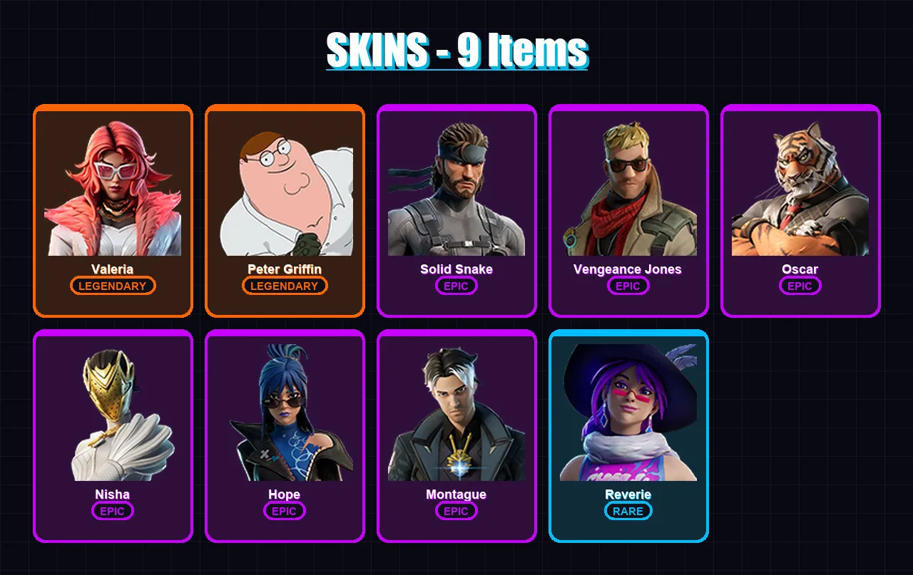 [PC/XBOX] | Valeria | Peter Griffin | Solid Snake | Vengeance Jones | Oscar | 9 skin | 12 pickaxe | 10 emote | 10 glider | Lv94