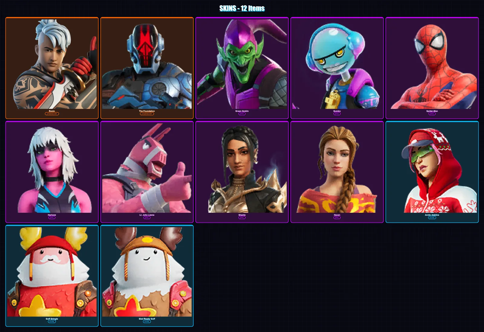 [PC/XBOX/PSN] | Ronin | The Foundation | Green Goblin | Gumbo | Spider-Man | 12 skin | 21 pickaxe | 21 emote | 28 glider | Lv453