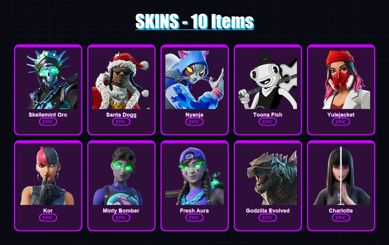 [PC/XBOX/PSN] | Skellemint Oro | Santa Dogg | Nyanja | Toona Fish | Yulejacket | 10 skin | 35 pickaxe | 15 emote | 23 glider | Lv365