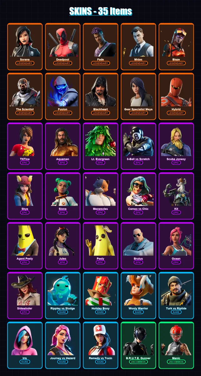 [PC/XBOX/PSN] | Sorana | Deadpool | Fade | Midas | Blaze | 35 skin | 39 pickaxe | 47 emote | 41 glider | Lv666