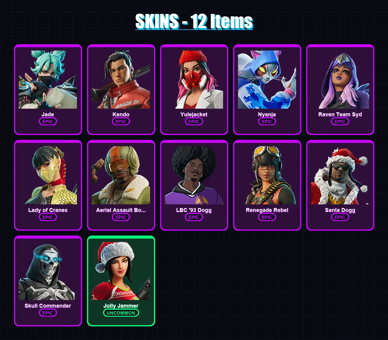[PC/PSN] | Jade | Kendo | Yulejacket | Nyanja | Raven Team Syd | 12 skin | 19 pickaxe | 11 emote | 12 glider | Lv65