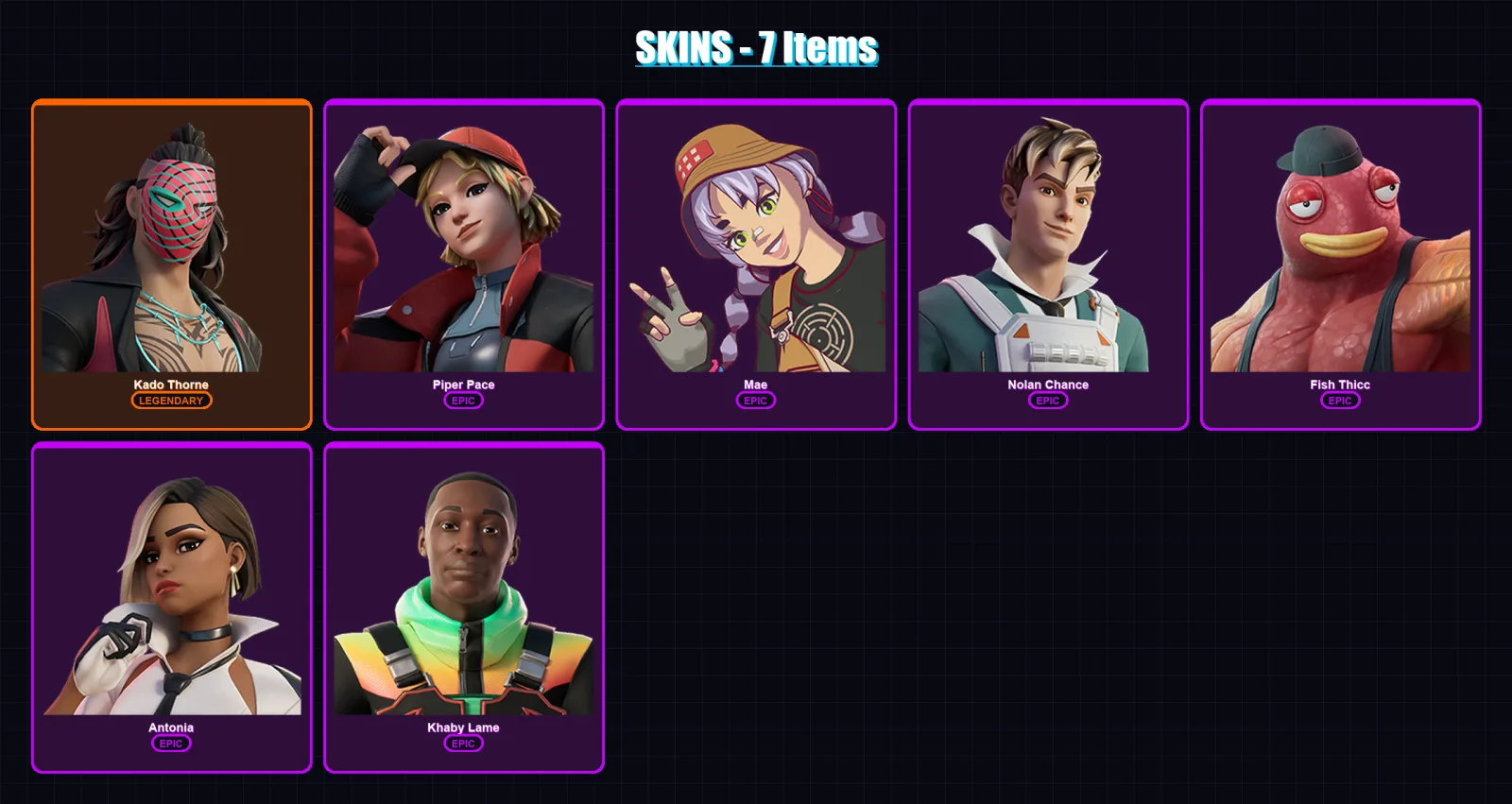 [PC/XBOX/PSN] | Kado Thorne | Piper Pace | Mae | Nolan Chance | Fish Thicc | 7 skin | 9 pickaxe | 7 emote | 9 glider | Lv109
