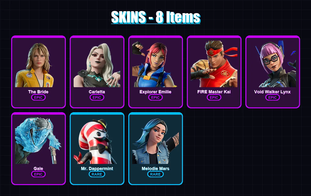 [PC/PSN] | The Bride | Carletta | Explorer Emilie | FIRE Master Kai | Void Walker Lynx | 8 skin | 5 pickaxe | 5 emote | 3 glider | Lv11
