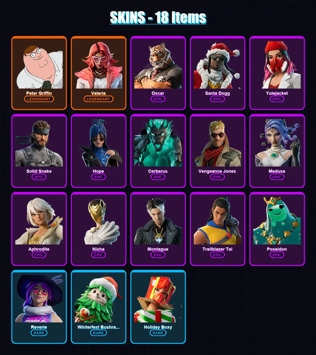 [PC/PSN] | Peter Griffin | Valeria | Oscar | Santa Dogg | Yulejacket | 18 skin | 27 pickaxe | 24 emote | 18 glider | Lv322