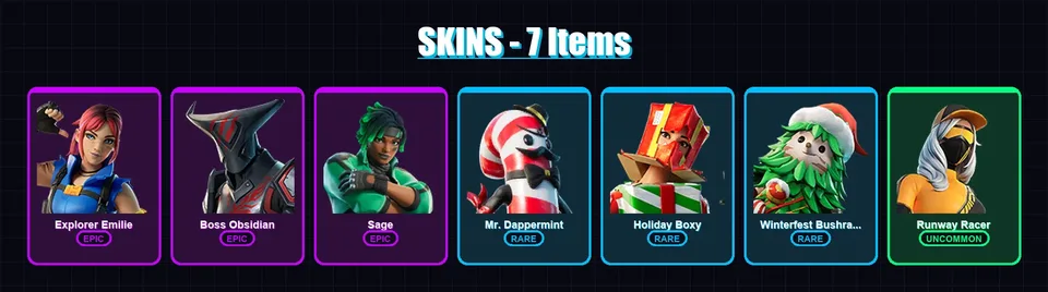 [PC/XBOX] | Explorer Emilie | Boss Obsidian | Sage | Mr. Dappermint | Holiday Boxy | 7 skin | 18 pickaxe | 8 emote | 16 glider | Lv209 — main preview
