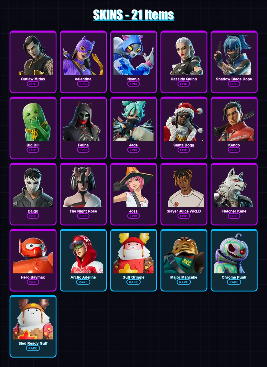 [PC/XBOX/PSN] | Outlaw Midas | Valentina | Nyanja | Cassidy Quinn | Shadow Blade Hope | 21 skin | 66 pickaxe | 49 emote | 52 glider | Lv1258