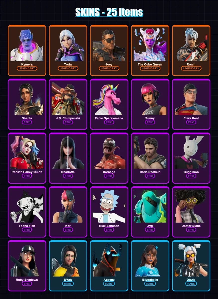 [PC/XBOX/PSN] | Kymera | Torin | Joey | The Cube Queen | Ronin | 25 skin | 27 pickaxe | 18 emote | 24 glider | Lv389