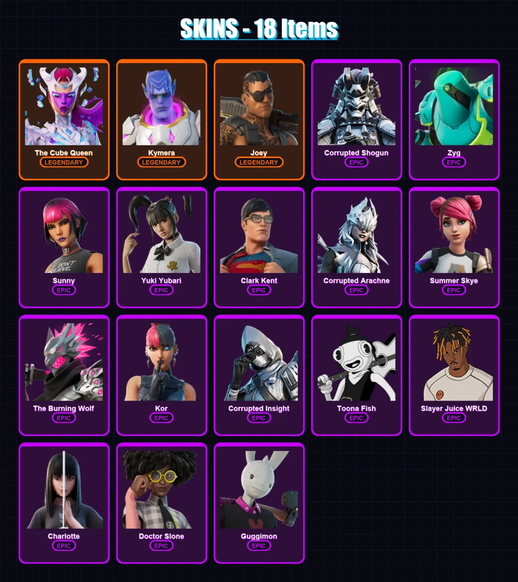 [PC/XBOX/PSN] | The Cube Queen | Kymera | Joey | Corrupted Shogun | Zyg | 18 skin | 20 pickaxe | 14 emote | 19 glider | Lv228 — Fortnite account