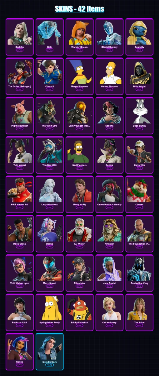 [PC/XBOX] | Carletta | Gale | Wonder Onesie | Glacial Dummy | Squibbly | 42 skin | 71 pickaxe | 38 emote | 41 glider | Lv439