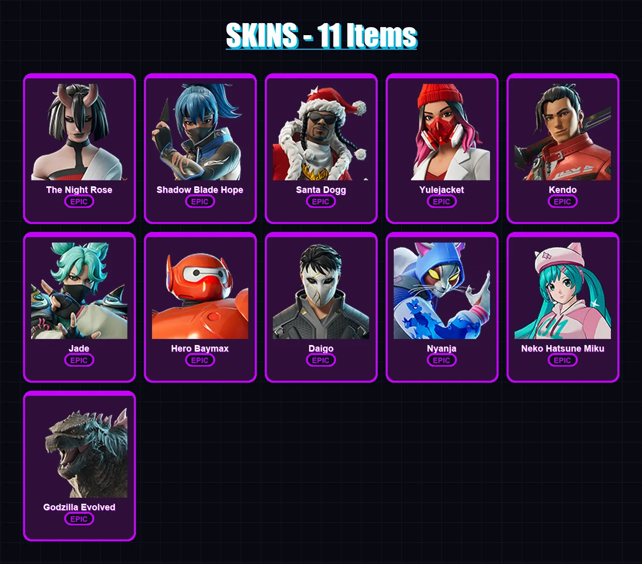 [PC/XBOX/PSN] | The Night Rose | Shadow Blade Hope | Santa Dogg | Yulejacket | Kendo | 11 skin | 21 pickaxe | 20 emote | 14 glider | Lv193