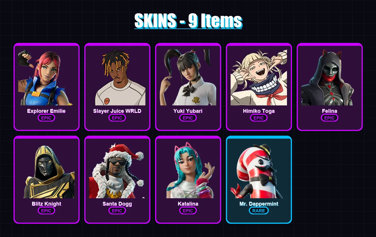 [PC/XBOX/PSN] | Explorer Emilie | Slayer Juice WRLD | Yuki Yubari | Himiko Toga | Felina | 9 skin | 31 pickaxe | 12 emote | 18 glider | Lv229