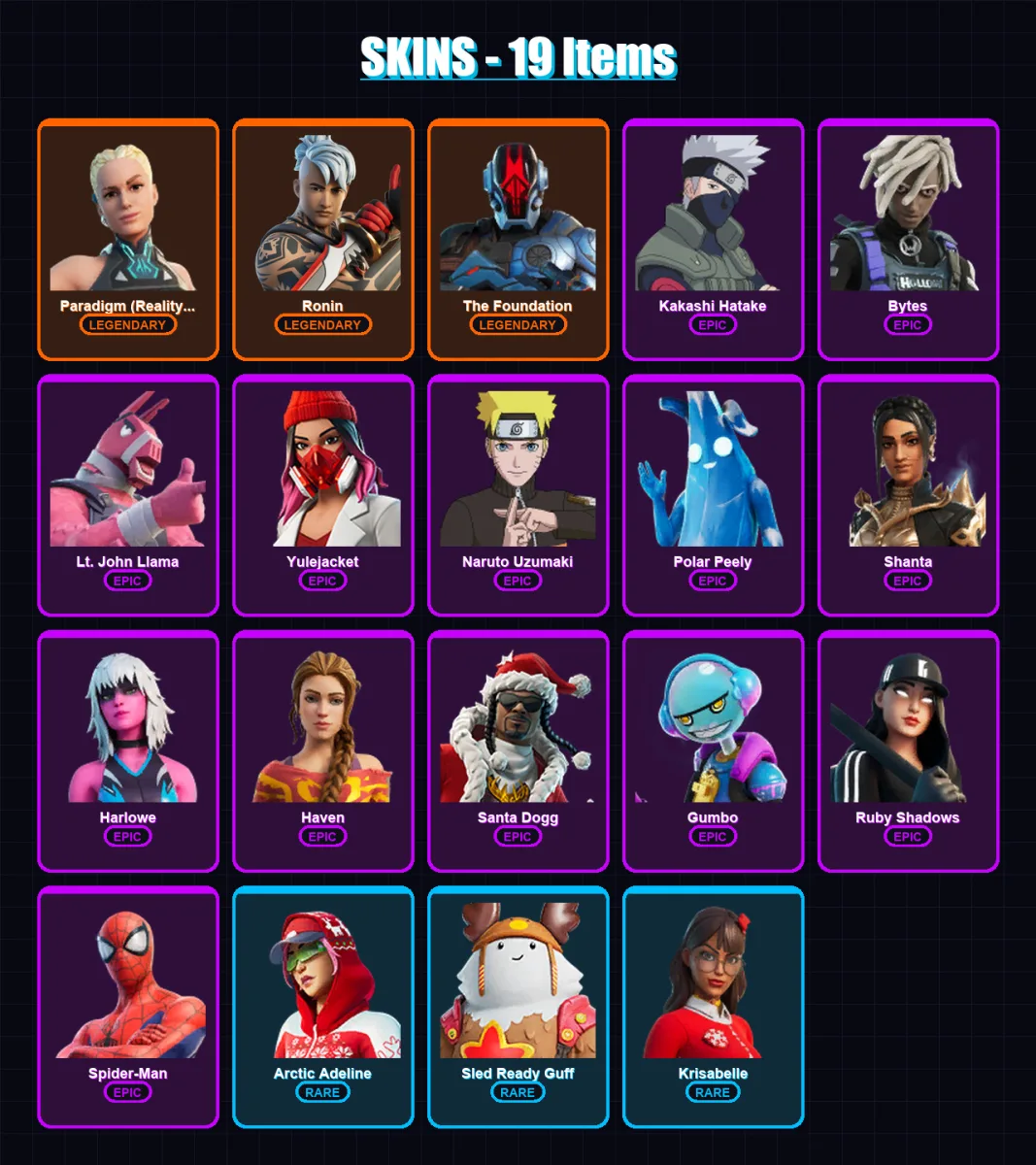 [PC/XBOX] | Paradigm (Reality-659) | Ronin | The Foundation | Kakashi Hatake | Bytes | 19 skin | 37 pickaxe | 28 emote | 36 glider | Lv575