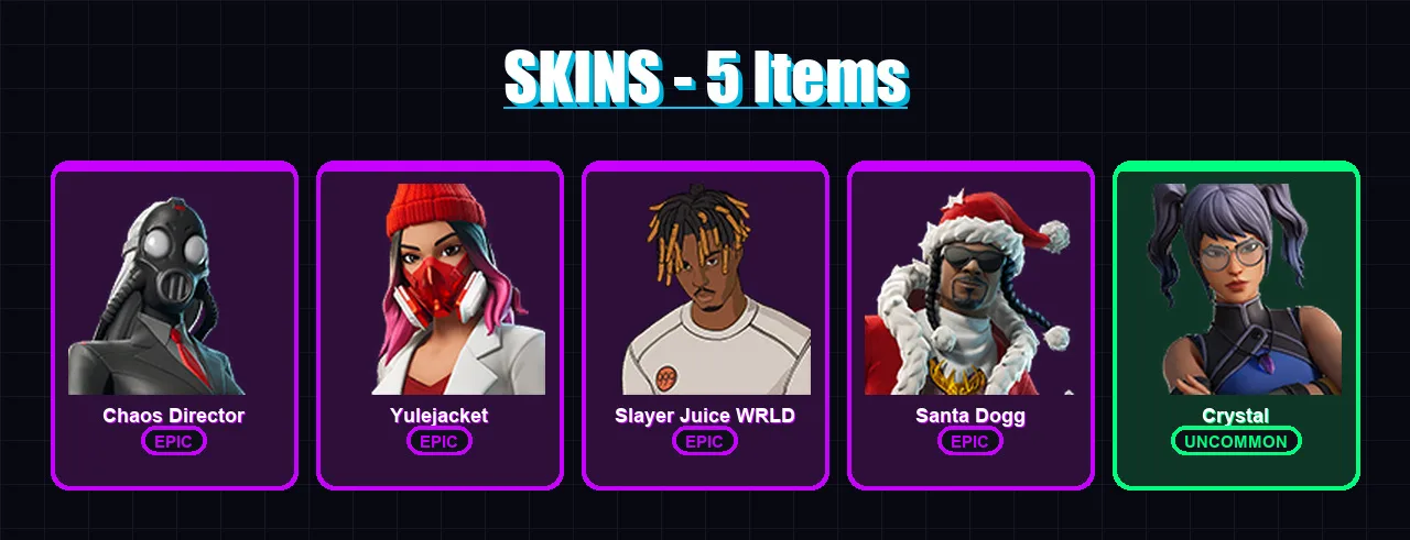 [PC/XBOX] | Chaos Director | Yulejacket | Slayer Juice WRLD | Santa Dogg | Crystal | 5 skin | 12 pickaxe | 6 emote | 10 glider | Lv44