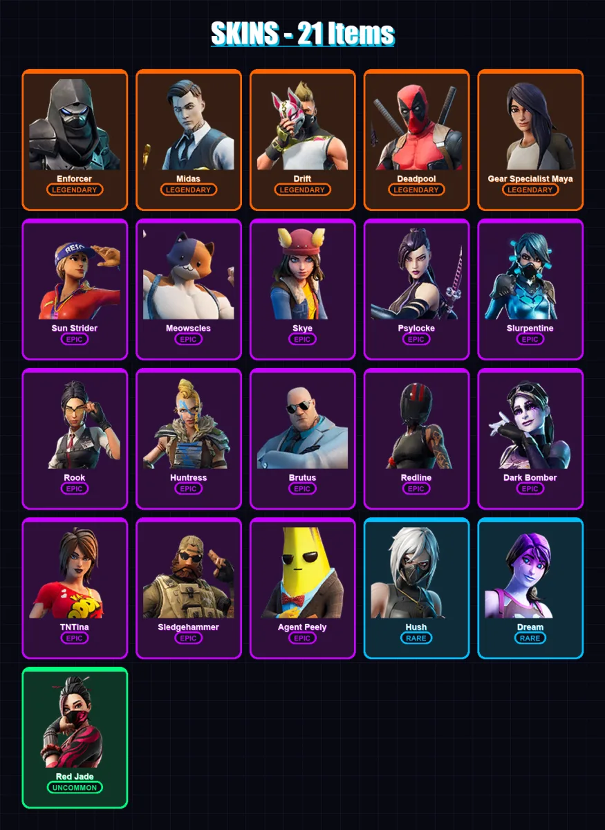 [PC/XBOX/PSN] | Enforcer | Midas | Drift | Deadpool | Gear Specialist Maya | 21 skin | 15 pickaxe | 21 emote | 25 glider | Lv416 — Fortnite account