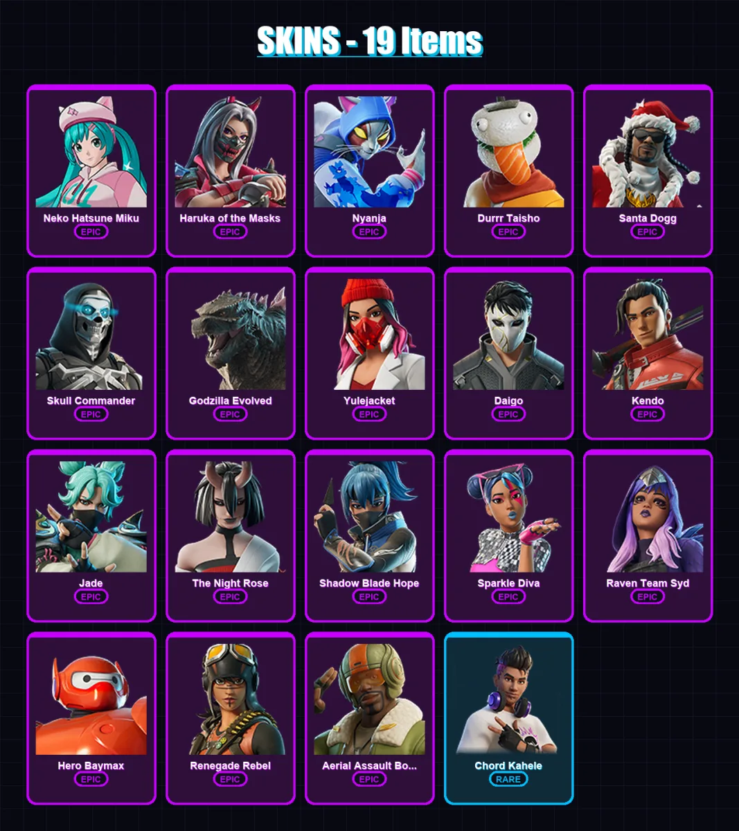 [PC/PSN] | Neko Hatsune Miku | Haruka of the Masks | Nyanja | Durrr Taisho | Santa Dogg | 19 skin | 30 pickaxe | 20 emote | 19 glider | Lv165