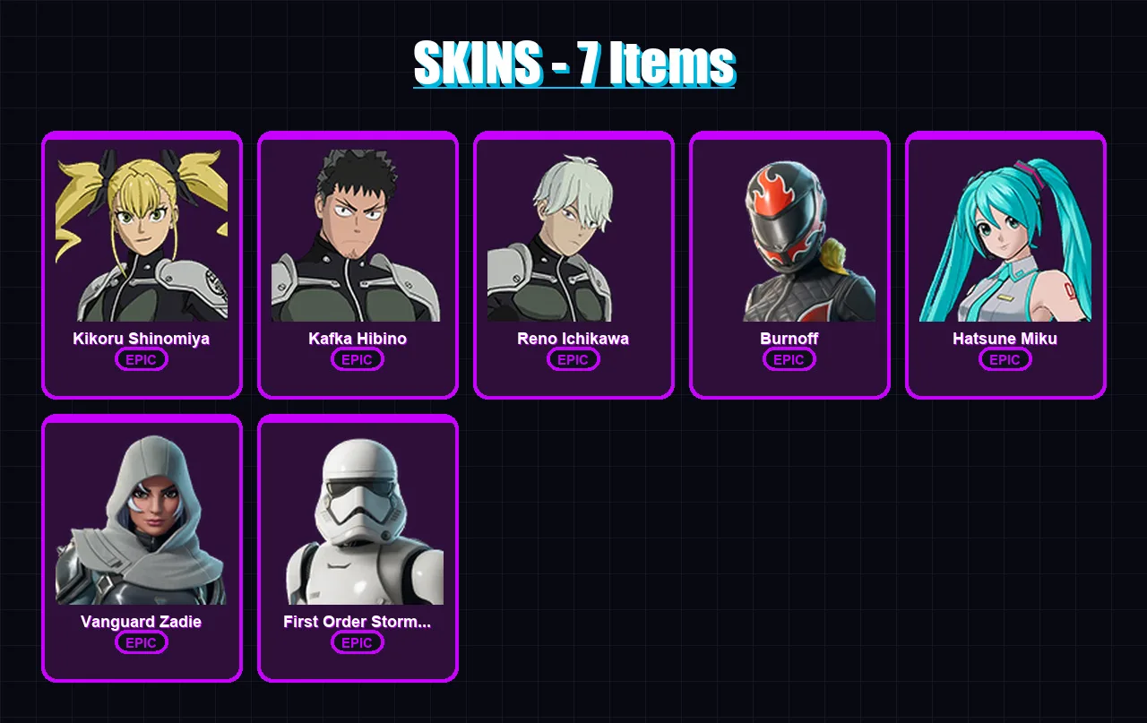 [PC/XBOX/PSN] | Kikoru Shinomiya | Kafka Hibino | Reno Ichikawa | Burnoff | Hatsune Miku | 7 skin | 16 pickaxe | 17 emote | 12 glider | Lv167