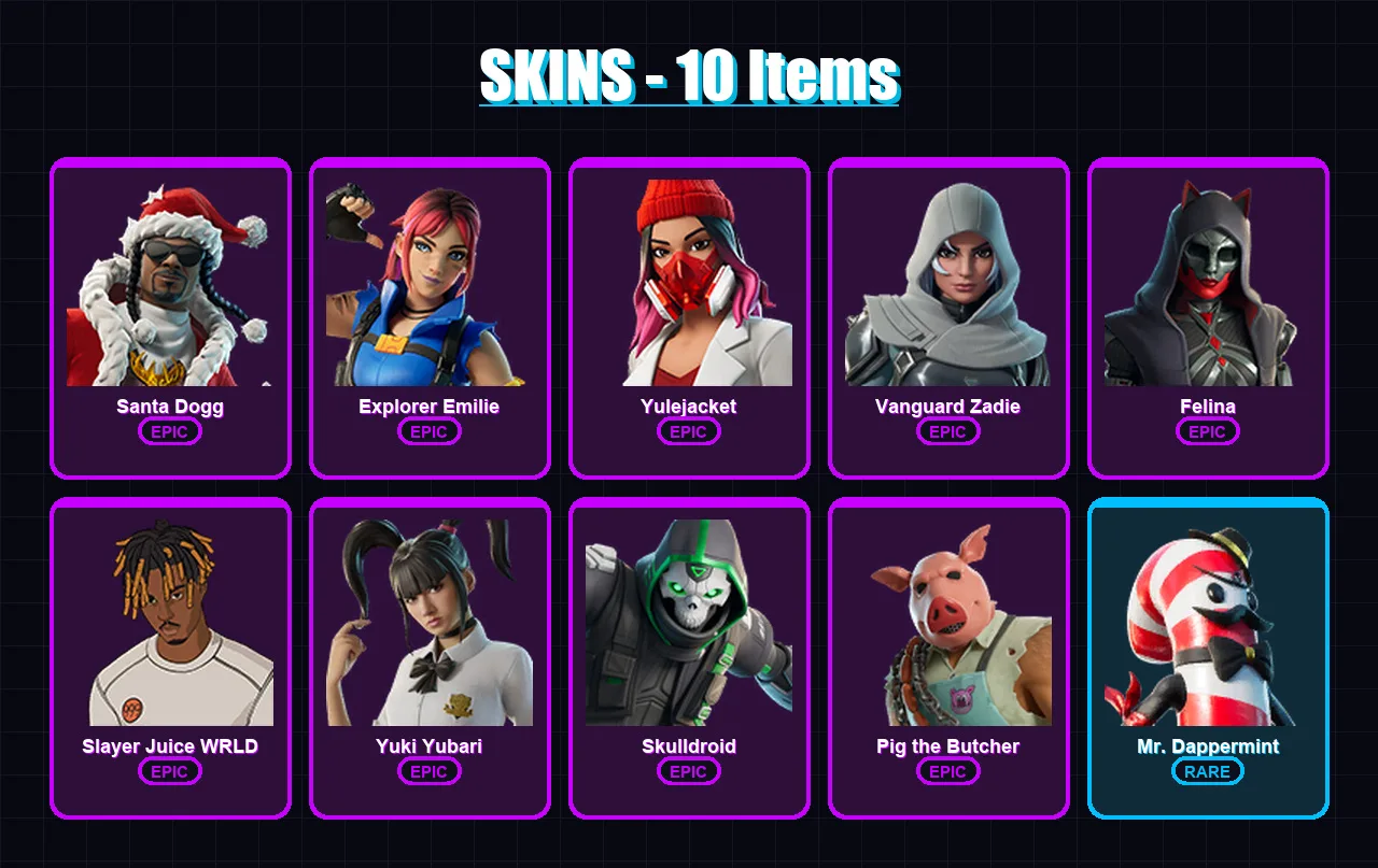 [PS4/PS5/XBOX/PC] | Santa Dogg | Explorer Emilie | Yulejacket | Vanguard Zadie | Felina | 10 skin | 50 pickaxe | 15 emote | 30 glider | Lv402
