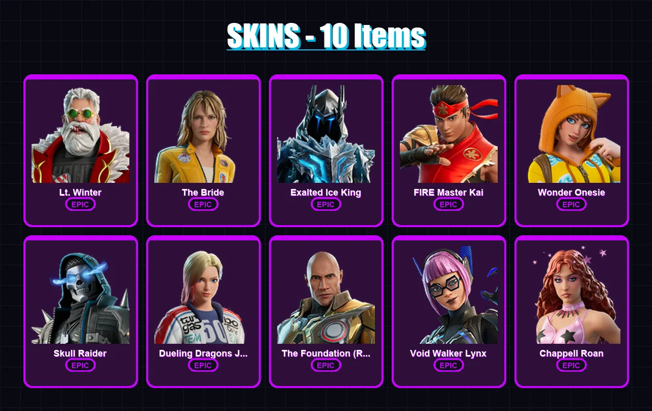 [PC/XBOX/PSN] | Lt. Winter | The Bride | Exalted Ice King | FIRE Master Kai | Wonder Onesie | 10 skin | 23 pickaxe | 15 emote | 19 glider | Lv156