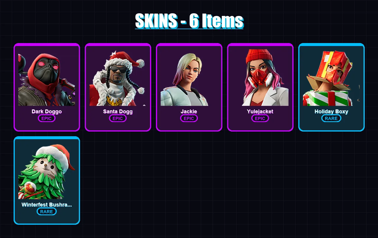 [PC/XBOX/PSN] | Dark Doggo | Santa Dogg | Jackie | Yulejacket | Holiday Boxy | 6 skin | 10 pickaxe | 4 emote | 9 glider | Lv78